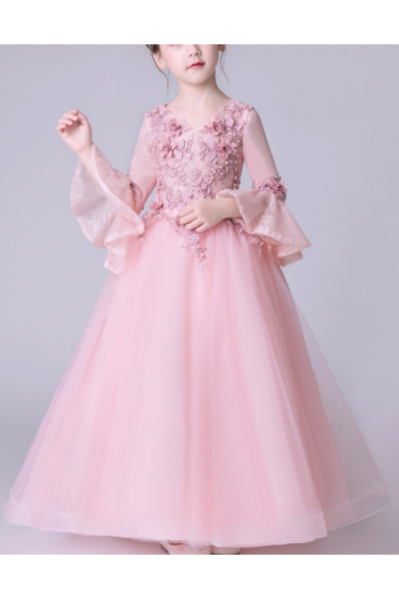 Robe Princesse Petite Fille Rose En Tulle Douce Manches Longues