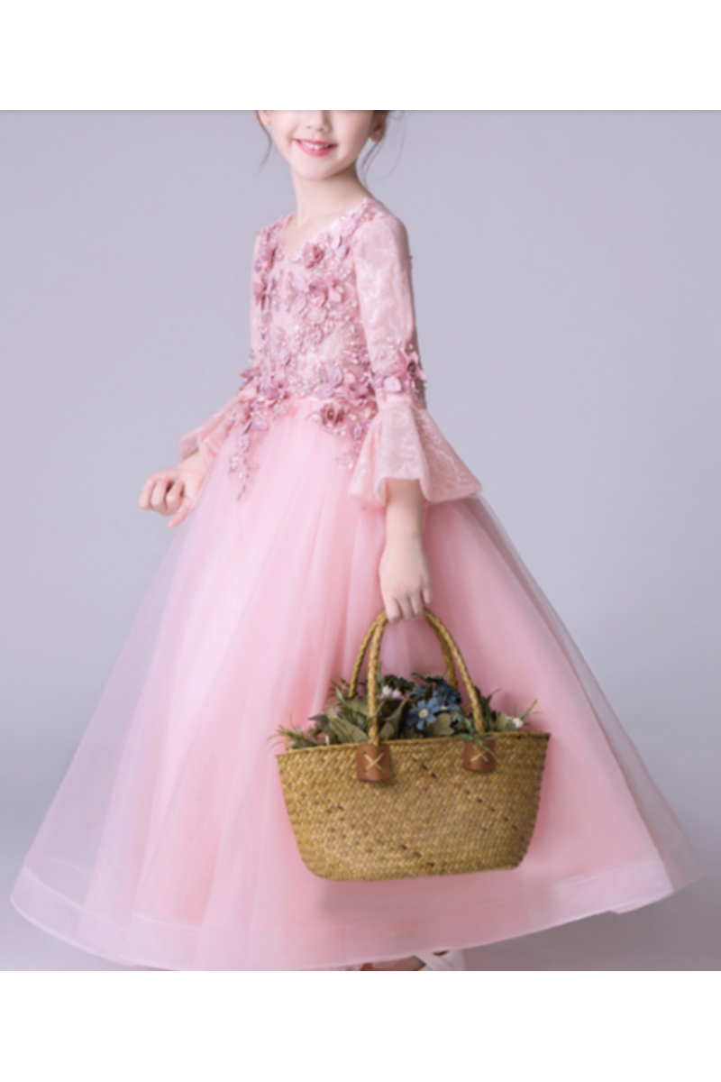 Robe Princesse Petite Fille Rose En Tulle Douce Manches Longues Volantes Ref TQ013 Accueil