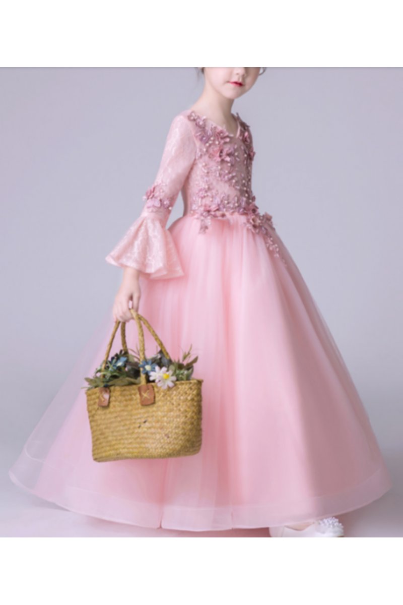 Robe Princesse Petite Fille Rose En Tulle Douce Manches Longues